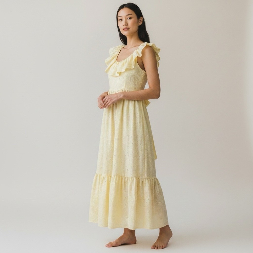 Vintage 1970’s Peasant Maxi Dress Boho Butter Yellow Tiered Cottage Hippie Sz XS